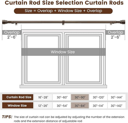 2 PACK 1” Diameter brown curtain rod Itself is 30 to 90 inch. 1 Pack Fits 30-84 inch Windows with Heavy Duty Adjustable brown curtain rods Splicing Metal Extra Long Curtain Rod