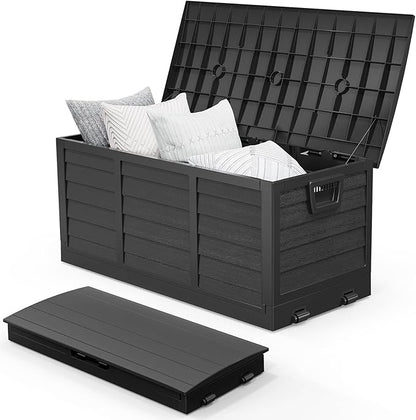VINGLI 75 Gallon Collapsible Outdoor Storage Box, Simple-to-assemble Plastic Storage Containers with Lid, Patio Deck Box Furniture for Garden, Pool, Balcony, Yard (Full Black)