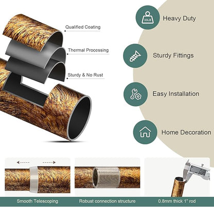 Retro Gold Curtain Rods for Windows 28 to 48 Inches Adjustable Length Heavy Duty 1" Diameter Window Curtain Rod with Decorative Finials for Outdoor Bedroom Kitchen Living Room Farmhouse