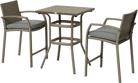 Outsunny 3 PCS Rattan Wicker Bar Set with Wood Grain Top Table and 2 Bar Stools for Outdoor, Patio, Poolside, Garden, Grey