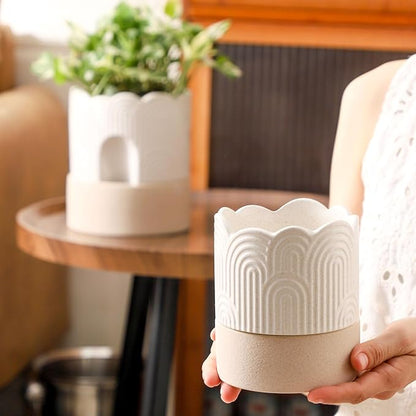 Nihow Self Watering Plant Pot for Indoor Plants: 4.5+6 Inch Ceramic Planter with Drainage Hole & Water Storage Plus - Cylinder Flower Pot with Wick for Herbs -Beige & Nature