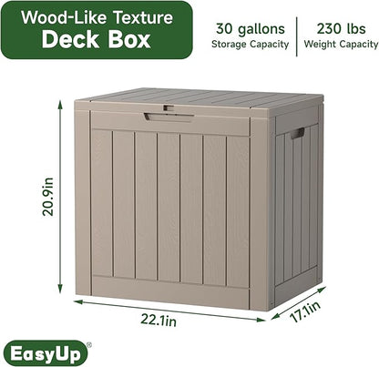 EasyUp 30 Gallon Outdoor Storage Box Waterproof, UV Resistant Outdoor Deck Box, Resin Deck Boxes for Garden Tools Equipment, Gray