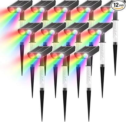 RGB Solar Spot Lights : 2 IN 1 Solar Lights Outdoor with 8 Lighting Modes & PC Light Guide Column for Tree Garden Yard Pathway | RGB Color Changing Landscape Lights | IP65 Waterproof | 12 Pack