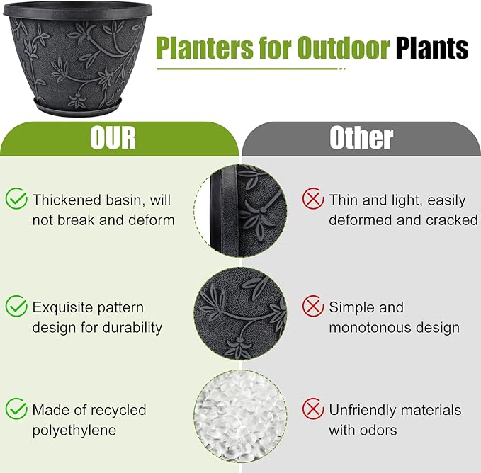 4 Pack 12 Inch Large Flower Pots for Outdoor Indoor, Plastic Plant Pots with Drainage Hole & Saucer, Modern Decorative Garden Pot, Imitation Magnolia Pots for Garden House Planters（Gray）