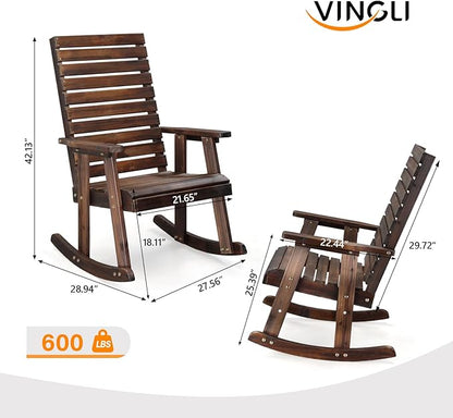VINGLI Wooden Rocking Chair with High Backrest, Solid Fir Wood, Heavy Duty 600 LBS Patio Rockers for Indoor and Outdoor, Garden, Yard, Patio, Rustic