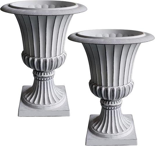 Urn Planters 22", Set of 2, Tall Stone-Resin Pedestal Planters for Outdoor Plants, Large Front Porch Decor, Patio Garden Pots, Outdoor Urns for Entryway, Porch & Deck, White Plant Pot