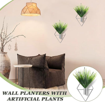 4 Pieces Silver Wall Decor Hanging Planters with Artificial Plants Metal Vase Indoor Aquatic Plant Holder Modern Geometric Wall Art for Home Bathroom Bedroom Living Room Office
