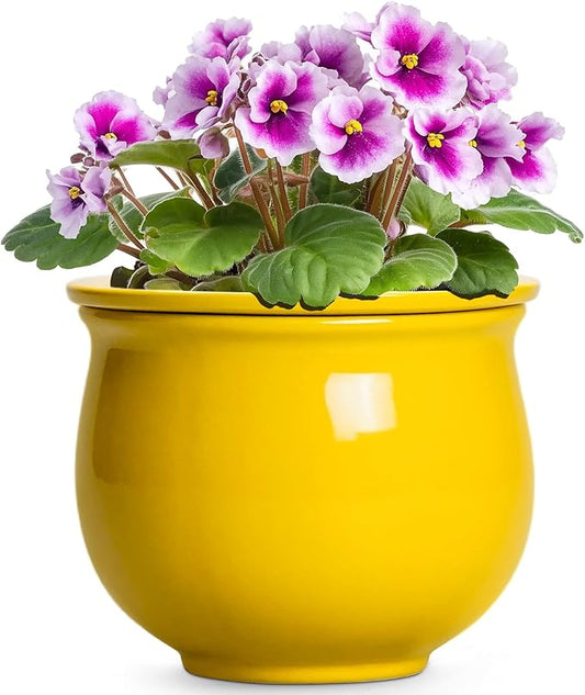 Ceramic Self Watering Planters, 6 Inch African Violet Pots for Indoor Outdoor Plants, Ceramic Plant Pot with Absorbent Inner Pot, Round Flower Pots, Living Room Decor, Gifts for Women, Yellow