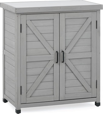 Outdoor Potting Bench with Storage Cabinet and Metal Top, Wood Workstation for Outdoor Patio, Garden (Classic Grey, 31x17x36‘’)