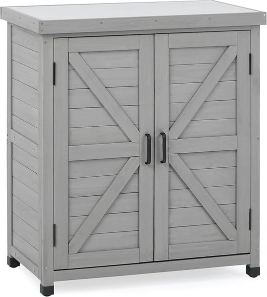 Outdoor Potting Bench with Storage Cabinet and Metal Top, Wood Workstation for Outdoor Patio, Garden (Classic Grey, 31x17x36‘’)