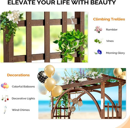 VINGLI 85in Wooden Arbor, Wedding Arch for Ceremony, Wood Trellis for Plant Climbing, Christmas Decor Pergola for Garden Backyard, Lawn (Carbonized Wood)