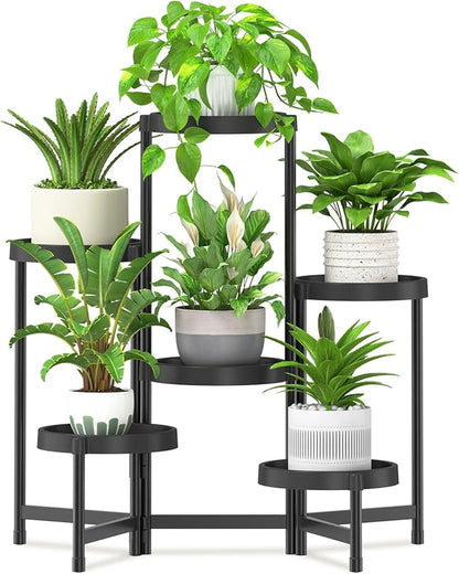 iDavosic.ly 6 Tier Folding Plant Stand Indoor Outdoor with Plastic Tray, Tiered Corner Flower Holder Shelf, Metal Orchid Display Rack for Patio Porch Living Room Garden Balcony, Modern Black