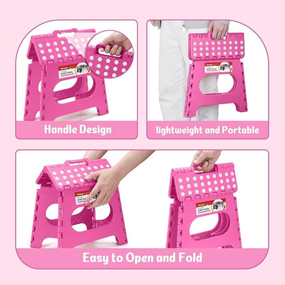 ACSTEP Folding Step Stool 11 Inch, Sturdy Plastic Foldable Step Stool for Kids & Adults, Non Slip Lightweight Collapsible Foot Stools Holds 300 lbs, Ideal for Kitchen, Bathroom, Bedroom, Rose red