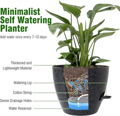 12 inch Large Self Watering Pots, Planter, Plant Pots with Mesh Drainage Holes for Indoor Outdoor House Plants and Garden, Plastic Flower Pots with Deep Reservoir, Speckled Black