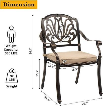 VINGLI 5-Piece Outdoor Patio Dining Set, Cast Aluminum All-Weather Outdoor Table and Chairs w/Cushion, Outdoor Furniture Set w/Umbrella Hole for Backyard Deck Poolside (Square, Elizabeth Back)