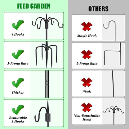 FEED GARDEN [Upgrade Version 92 Inch Four Shepherd Hooks for Outdoor,Bird Feeder Pole with 5 Prong Base, Adjustable Shepard Hooks for Hanging Plant, Solar Lanterns, Wind Chimes, 2 Pack