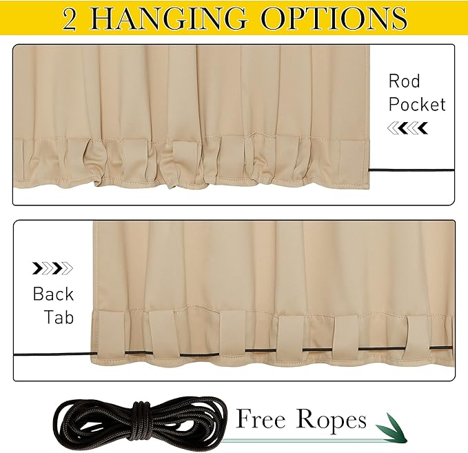 NICETOWN 2 Panels Outdoor Patio Curtains Windproof & Waterproof, Top & Bottom Grommet & Back Tab Light Blocking Drapes Keep Privacy for Yard/Porch with Ropes for Fixed, Biscotti Beige, W52 x L72