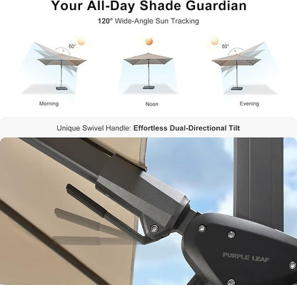 PURPLE LEAF 10 Feet Patio Umbrella with Base Outdoor Cantilever Solar Powered LED Swivel Square Umbrella Aluminum Offset Umbrella with 360-degree Rotation for Garden Deck Pool Patio, Beige