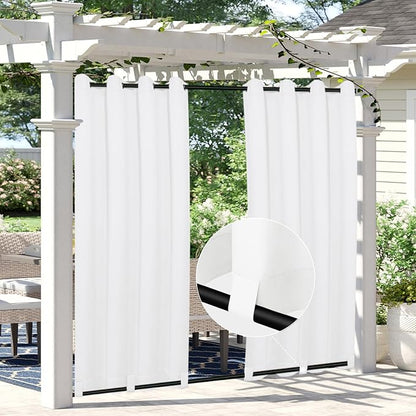 Easy-Going Linen Look Outdoor Curtains Waterproof Windproof Porch Curtains, Soft Thicken Outdoor Privacy Curtains for Patio, Gazebo, Grommet Top and Tab Bottom Drape, 1 Panel, 54x120 inch, White