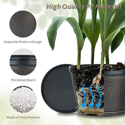 Quarut 4 Pack 8 Inch Flower Pots for Outdoor Indoor, Plastic Plant Pots with Drainage Hole & Saucer, Lightweight Small Flower Pot, Circle Pattern Planters for Garden House planters（Brown）