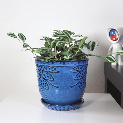 Gepege 6 Inch Beaded Ceramic Planter Set of 2 with Drainage Hole and Saucer for Plants, Indoor-Outdoor Large Round Succulent Orchid Flower Pot (Blue, for Inner-pots not Larger Than 5 Inch)