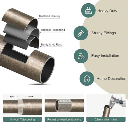 2 Pack Retro Silver Curtain Rods Set for Windows 48 to 84 Inches Adjustable Length Heavy Duty 1" Diameter Window Curtain Rod with Decorative Finials for Outdoor Bedroom Kitchen Living Room Farmhouse