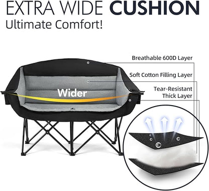 Double Camping Chair Loveseat - 2 Person Oversized Camping Couch for Adults Padded Heavy Duty Outdoor Lawn Beach Portable Folding XL Chairs with Cup Holders and Carry Bag Support 600lbs, Black/Grey