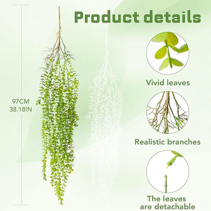 4 Pack Fake Hanging Plants, 38" Artificial Hanging Eucalyptus Plants Greenery Vines UV Resistant Faux Trailing Plants for Indoor Outdoor Wall Shelf Porch Boho Home Patio Decor(4PCS Green)