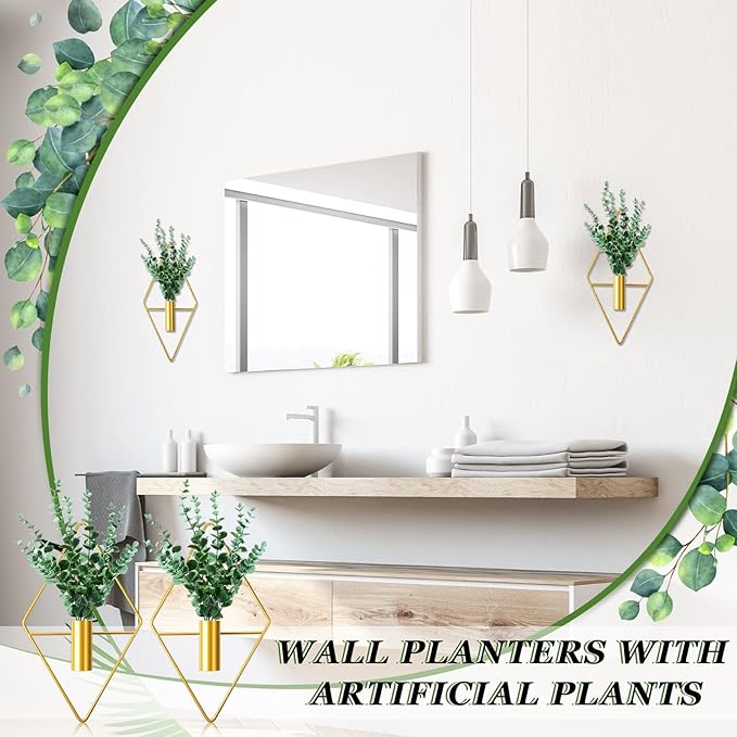 2 Pieces Gold Wall Decor Hanging Planters with Artificial Plants Metal Vase Indoor Plants Holder Modern Geometric Wall Art for Home Bathroom Bedroom Living Room Office(Eucalyptus,Medium)