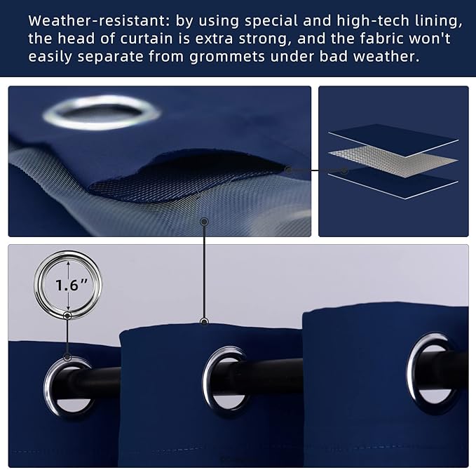 Water Proof Outside Curtains with Grommet Top for Porch, W84 x L120 Thermal Insulated Washable Light Block Outdoor Divider Drapes for Patio Gazebo Deck Pool Area Pergola Cabana (Navy)