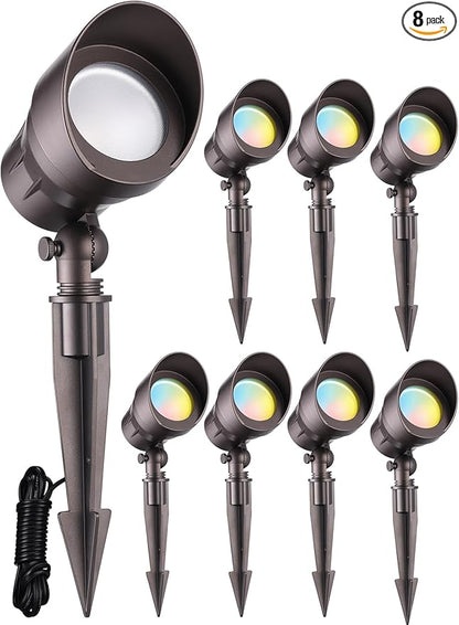 LEONLITE 8-Pack 5CCT Low Voltage LED Landscape Spotlight, Update 1800K2700K3000K4000K5000K Selectable, 5W 12V Pathway Lights Outdoor, CRI90, Aluminum Spot Lights for Yard, ETL Listed, IP65 Waterproof