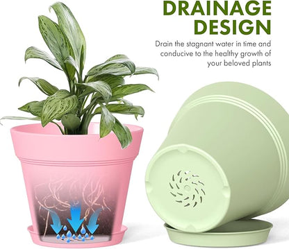 6 Inch Thick Plastic Plant Pots with Drainage Holes and Trays – 6 Pack Nursery Pots for Indoor & Outdoor House Plants, Seedling Starter Planters for Garden Flowers, Colorful