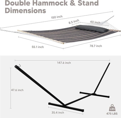SUNCREAT Hammock with Stand 2 Person Heavy Duty, Freestanding Hammock with Spreader Bar, Soft Pillow, Gray Stripes