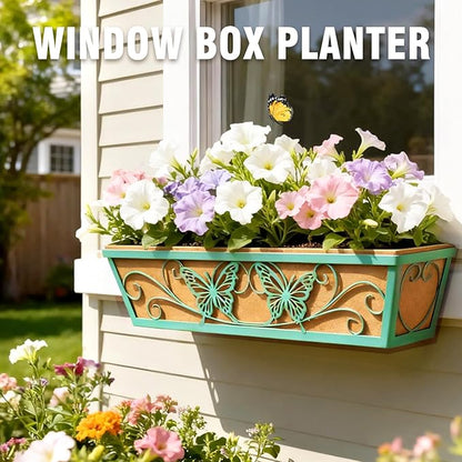 2 Pack 24 Inch Window Boxes Planter Railing Planters Box with Adjustable Brackets for Porch Deck Balcony Hanging Butterfly Decorative Flower Baskets & Non-Woven Fabric Liner for Outdoor Plants - Green