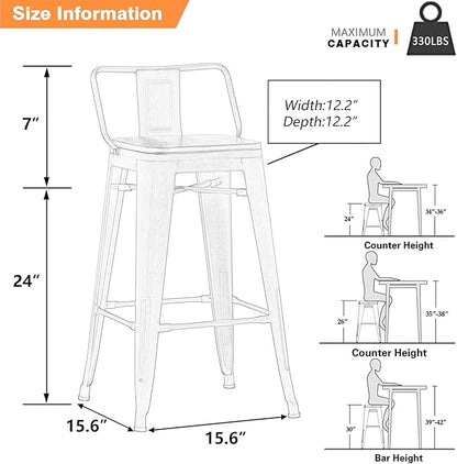 Yongchuang 24 inch Metal Bar Stools Set of 4 Counter Height Barstools Farmhouse Kitchen Bar Chairs with Wood Seat Low Back Cream White