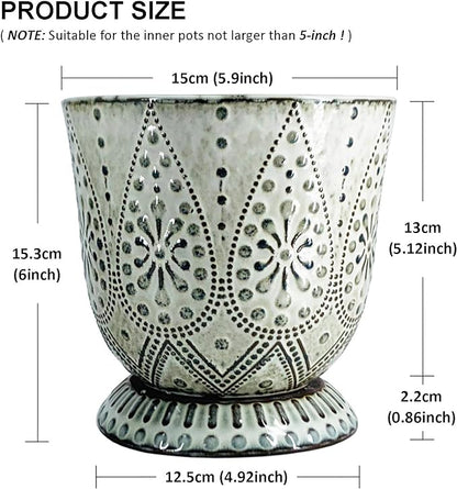 Gepege 6 Inch Beaded Ceramic Planter Set of 2 with Drainage Hole and Saucer for Plants, Indoor-Outdoor Large Round Succulent Orchid Flower Pot (Smoked Gray, Inner-pots not Larger Than 5 Inch)