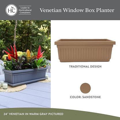 The HC Companies 24 Inch Venetian Window Planter Box with Drainage Plug, Lightweight UV-Resistant Plastic Indoor & Outdoor Planters, 2-Pack Flower Box for Garden & Home Decor, Sandstone