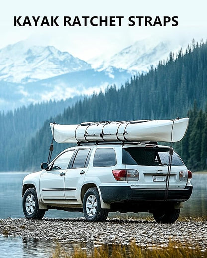Kayak Straps Tie Downs 8 Pack Set, Roof Rack Straps Adjustable Ratchet Tie Down Straps with Lock S Hooks, 1/4 Inch 12 Feet Ratchet Straps for Small Cargo, Kayak-Soft Loops, Packing, Camping Gear