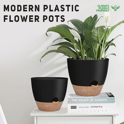 12" 10" 9" Large Self Watering Plant Pots, 3 Pack Flower Pots Planters with Multi Mesh Drainage Holes for Indoor Outdoor Garden Plants and Flowers (Black)