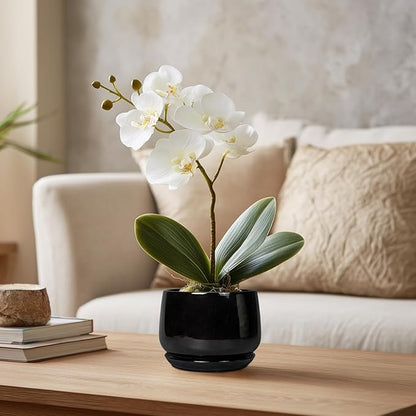 G EPGardening Small Ceramic Planter - 4 Inch Succulent Pots with Drainage Hole & Sacuer, Flower Pots for Indoor Outdoor Plants, Modern Decorative Round Planter, Room Decor, House Warming Gifts, Black