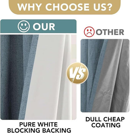 H.VERSAILTEX Linen Curtains 100% Blackout Curtains for Bedroom 90 inch Long Full Light Blocking Nature Linen Blended Window Curtains for Living Room Nickel Grommet (2 Panels, Stone Blue)