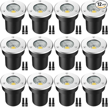 LED Landscape Lights, 12 Pack 7W Ground Lights With 24 Connectors, Low Voltage In-Ground Well Pathway Lighting, Warm White, Waterproof for Driveway, Deck, Step, Garden