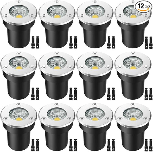 LED Landscape Lights, 12 Pack 7W Ground Lights With 24 Connectors, Low Voltage In-Ground Well Pathway Lighting, Warm White, Waterproof for Driveway, Deck, Step, Garden