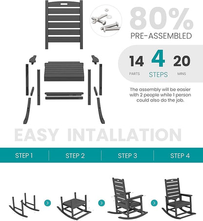 SERWALL Outdoor Rocking Chair Set of 4, Oversized HDPE Patio Rocking Chair with Footrest for Adults, All Weather Porch Rocker for Deck Patio Balcony, Gray