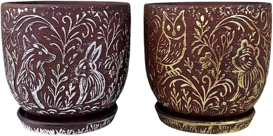 Decorative Ceramic Planter Pot with Saucer, Brown with Gold and Silver Owl Pattern, Indoor Garden Container with Drainage (G&S, 6 inch)