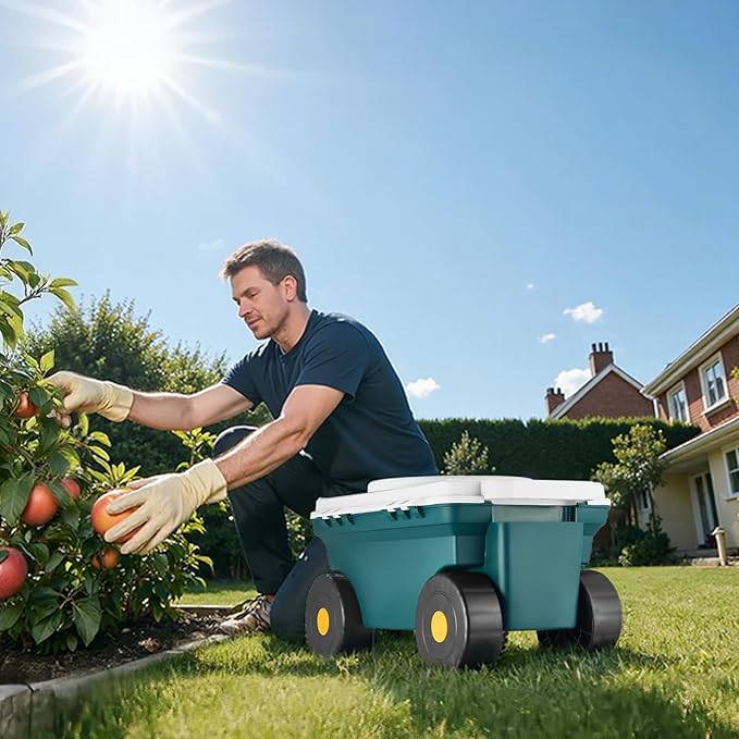 VEVOR Garden Scooter with Seat, 2 in 1 Rolling Garden Cart with Storage Bin, Supports up to 227 lbs, Outdoor Wagon with Handle, Lightweight Storage Gardening Stool for Yard Weeding Planting