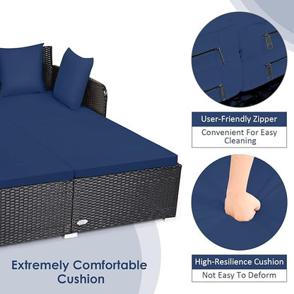 Tangkula Outdoor Rattan Daybed, Sunbed Wicker Furniture w/Spacious Seat, Upholstered Cushion & High-Resilience Sponge, Wicker Patio Sofa Set w/Extra Pillows for Courtyard Poolside (Navy)