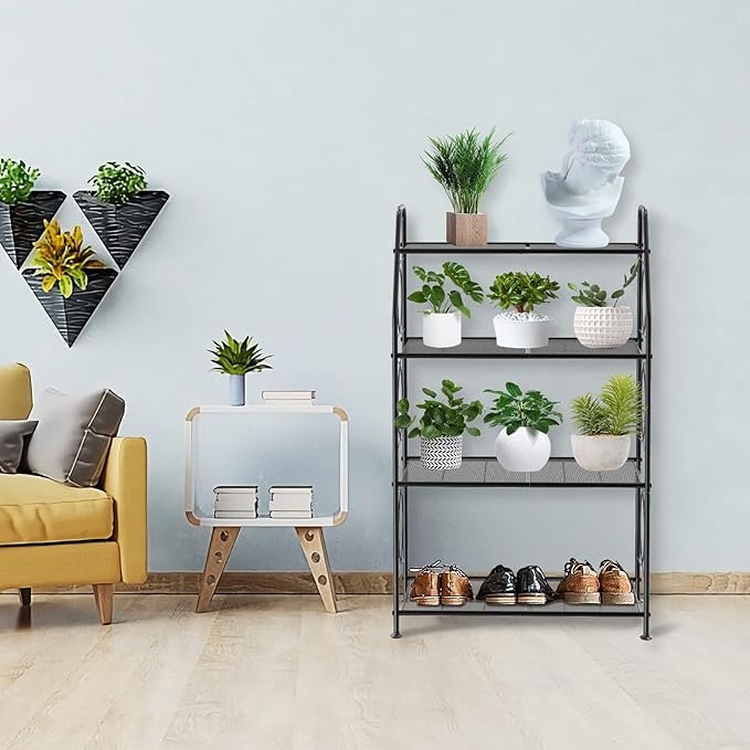 Plant Stand, 4 Tier Plant Shelf for Indoor Outdoor, Heavy Duty Metal Tall Plant Stands Holder Rack for Living Room Balcony and Garden, Black