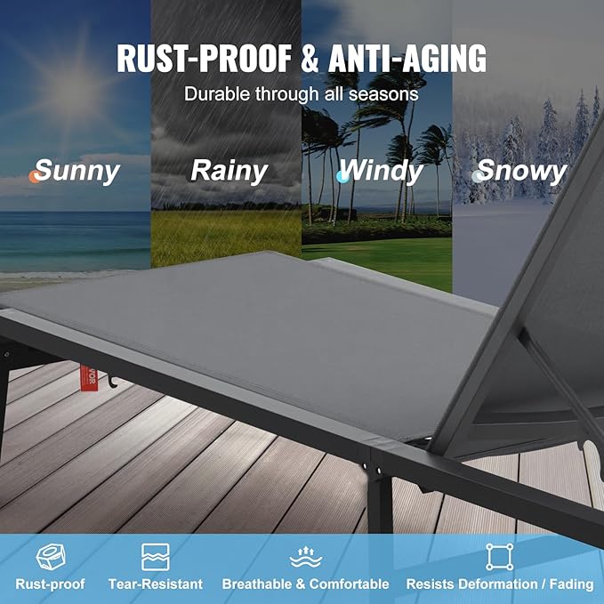 VEVOR Chaise Lounge Chair Outdoor, Aluminum Patio Lounge Chairs with Adjustable 5-Position, Folding Pool Chair Recliner and Full Flat Tanning Chairs for Patio, Beach, Pool, Dark Grey