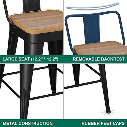 WENTMENT Bar Stools Set of 2 Counter Height Metal Barstools with Removable Back 30" Kitchen Bar Stools with Wooden Seat, Black